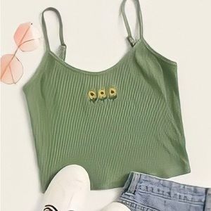 Green Flower Embroidered Rib-knit Cami Top